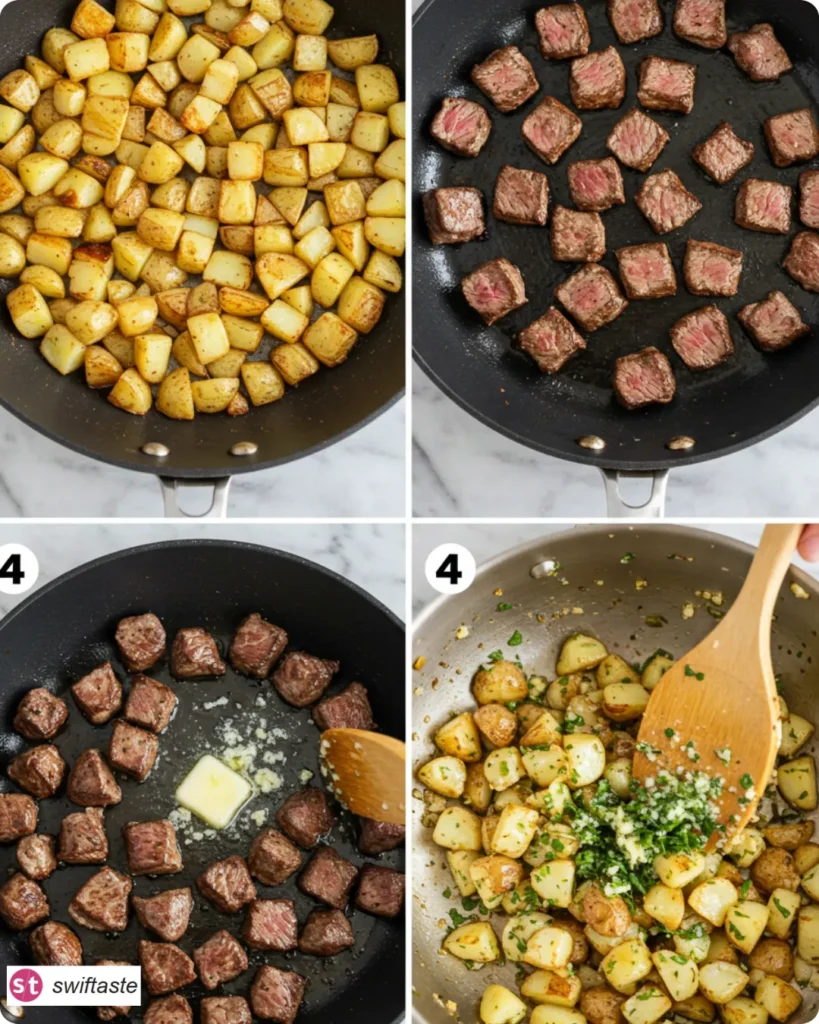 Steps to cook Garlic Steak Bites and Potatoes with garlic butter