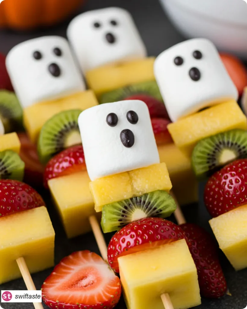 Ghost Fruit Skewers with marshmallow or banana ghosts and candy eyes