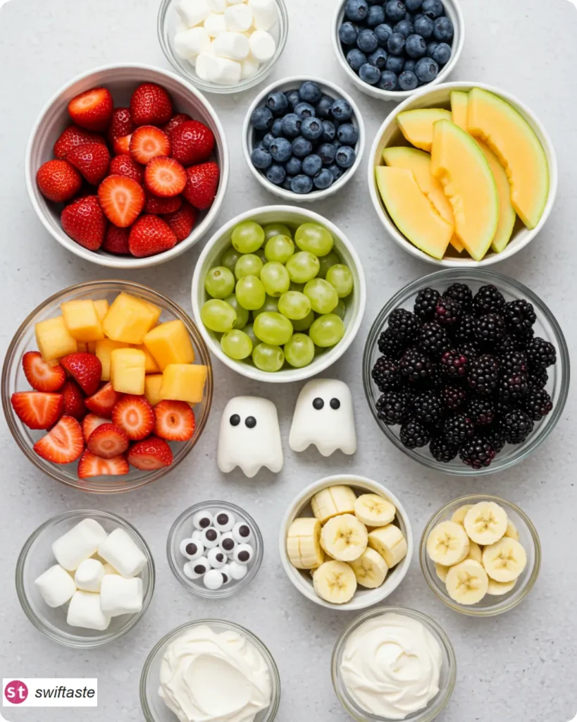 Ingredients for Ghost Fruit Skewers with fruit, marshmallows, bananas, and candy eyes