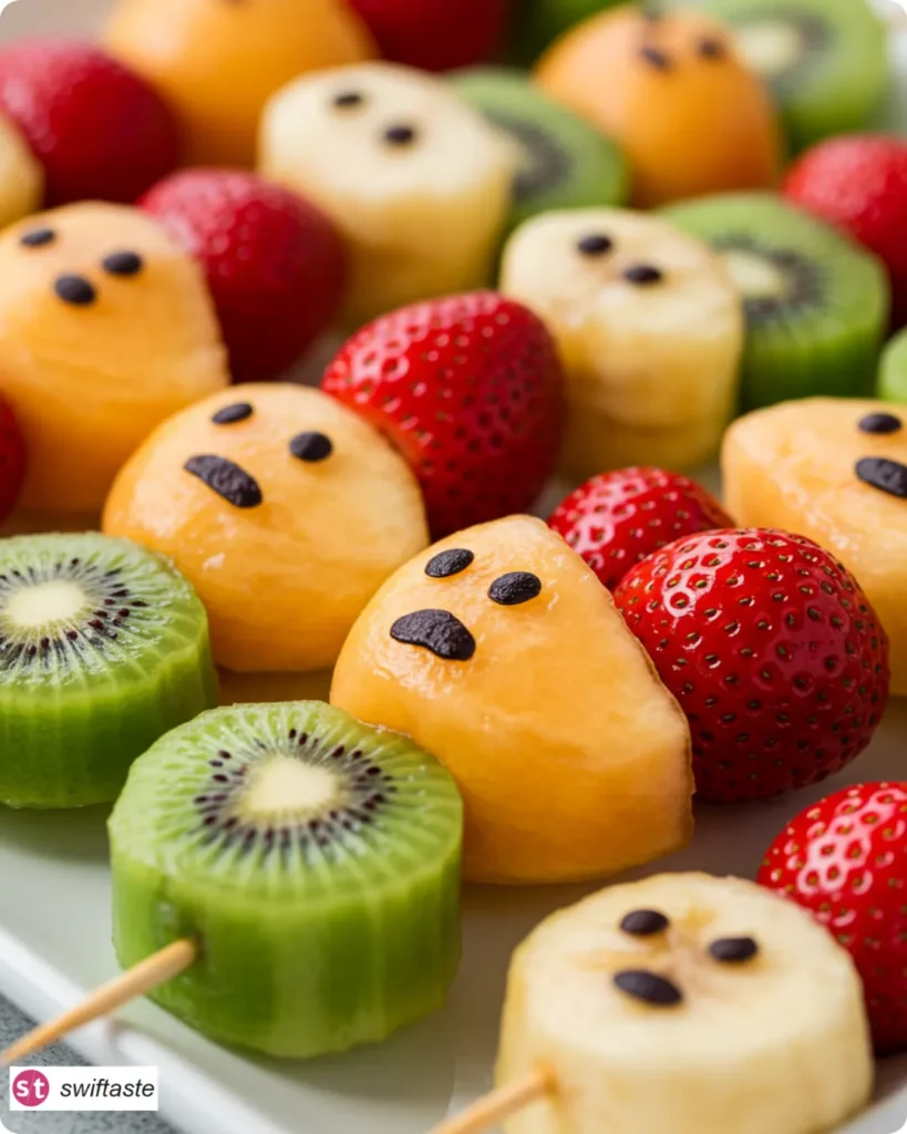 Ghost Fruit Skewers served with colorful fruit and cute ghost faces