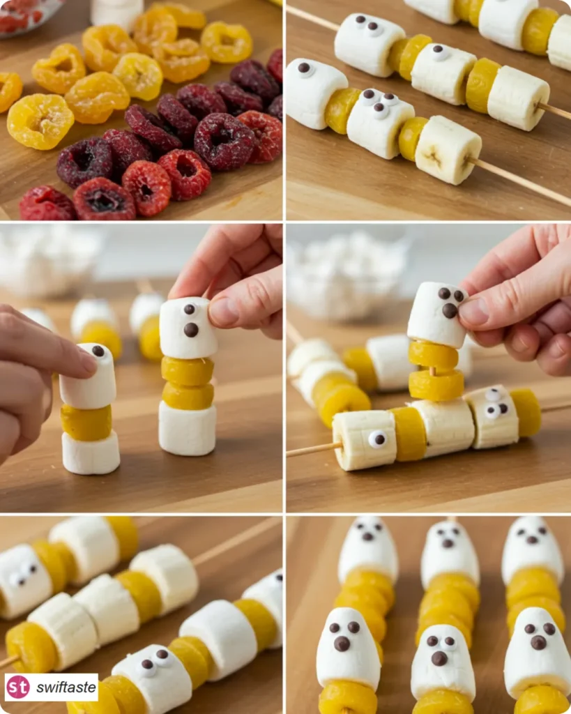 Steps to make Ghost Fruit Skewers with marshmallow and banana ghosts