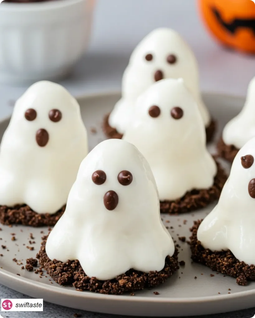 Ghostly Halloween Yogurt ghosts with chocolate chip eyes