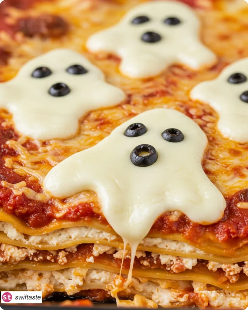 Ghostly Lasagna with mozzarella ghosts and olive eyes