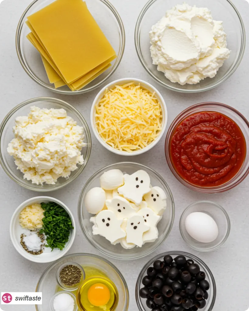Ghostly Lasagna ingredients including sliced mozzarella ghosts and olives