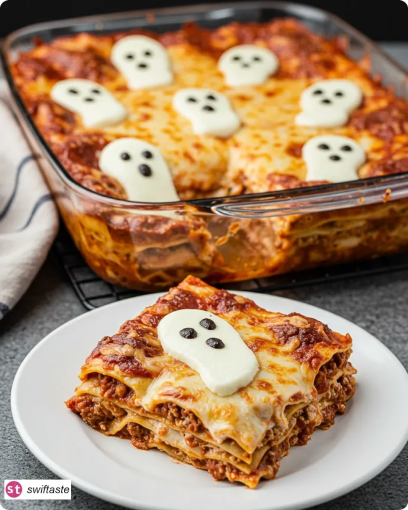Ghostly Lasagna pan and plated slice with defined layers