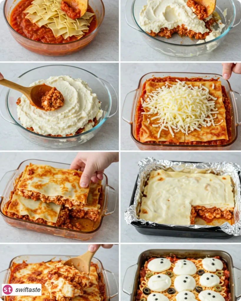Ghostly Lasagna steps from layering to melting mozzarella ghosts