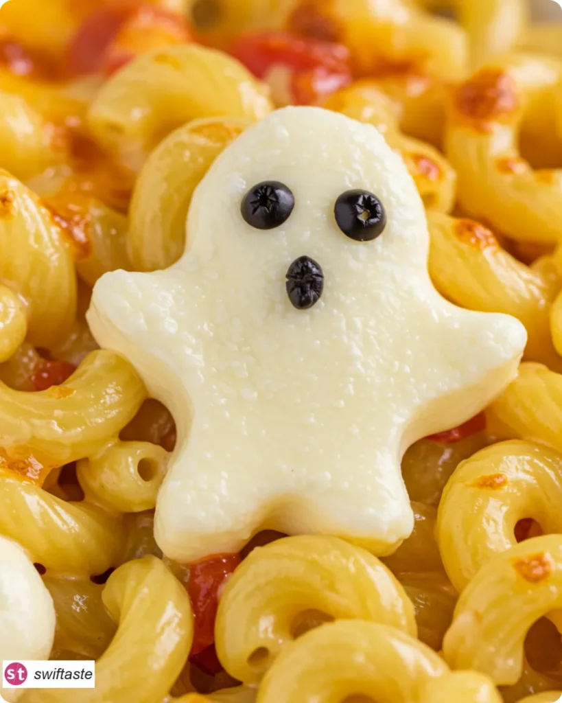 Ghoul-gheroni and Cheese with mozzarella ghosts and olive eyes