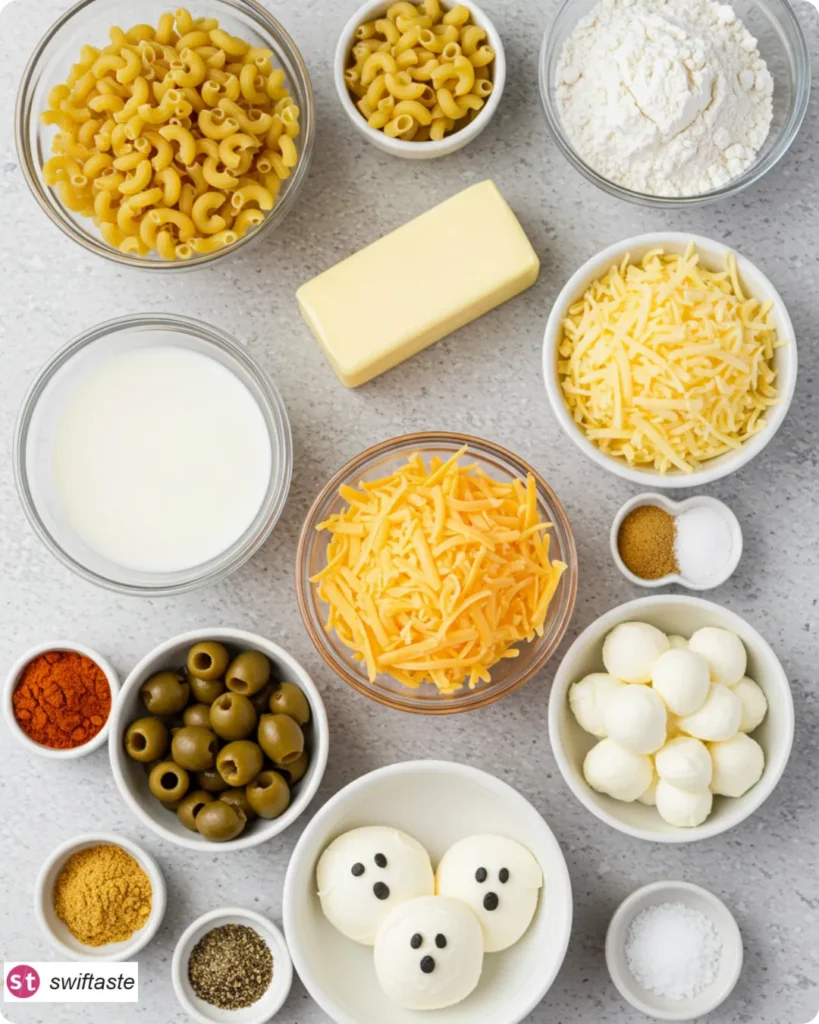 Ingredients for Ghoul-gheroni and Cheese arranged overhead