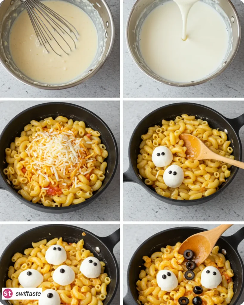 Steps for Ghoul-gheroni and Cheese from roux to ghost topping