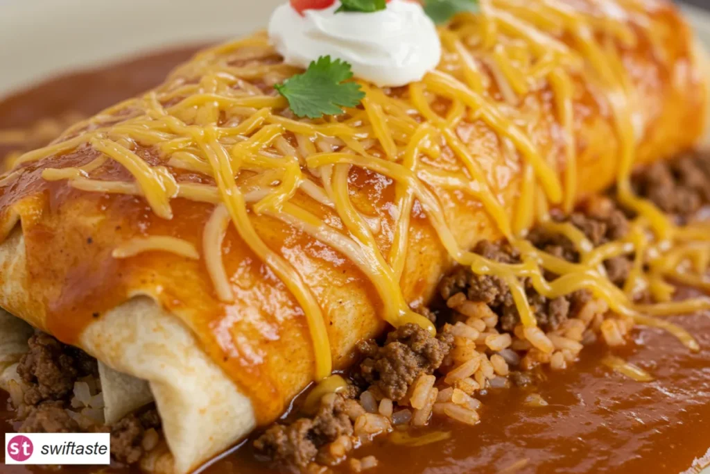 Ground Beef Wet Burrito with red gravy and melted cheese close-up.
