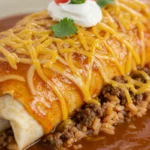 Ground Beef Wet Burrito with red gravy and melted cheese close-up.