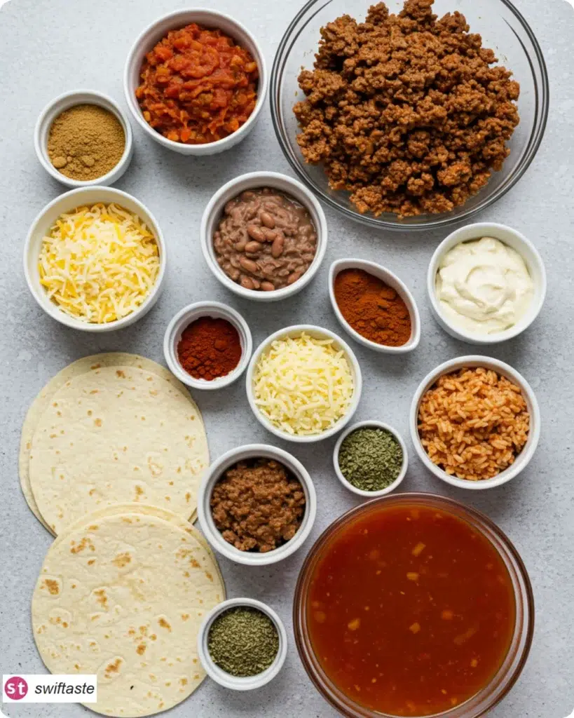 Ingredients for Ground Beef Wet Burrito arranged flat-lay