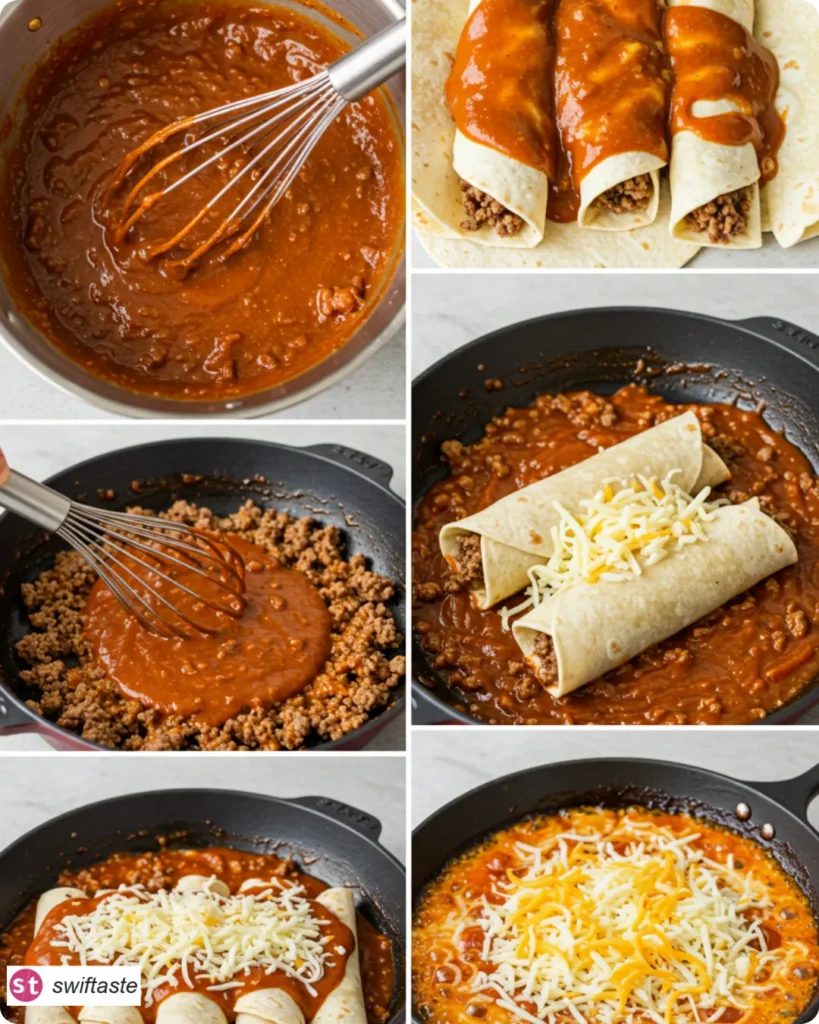 Steps for Ground Beef Wet Burrito: sauce, beef, roll, smother, bake