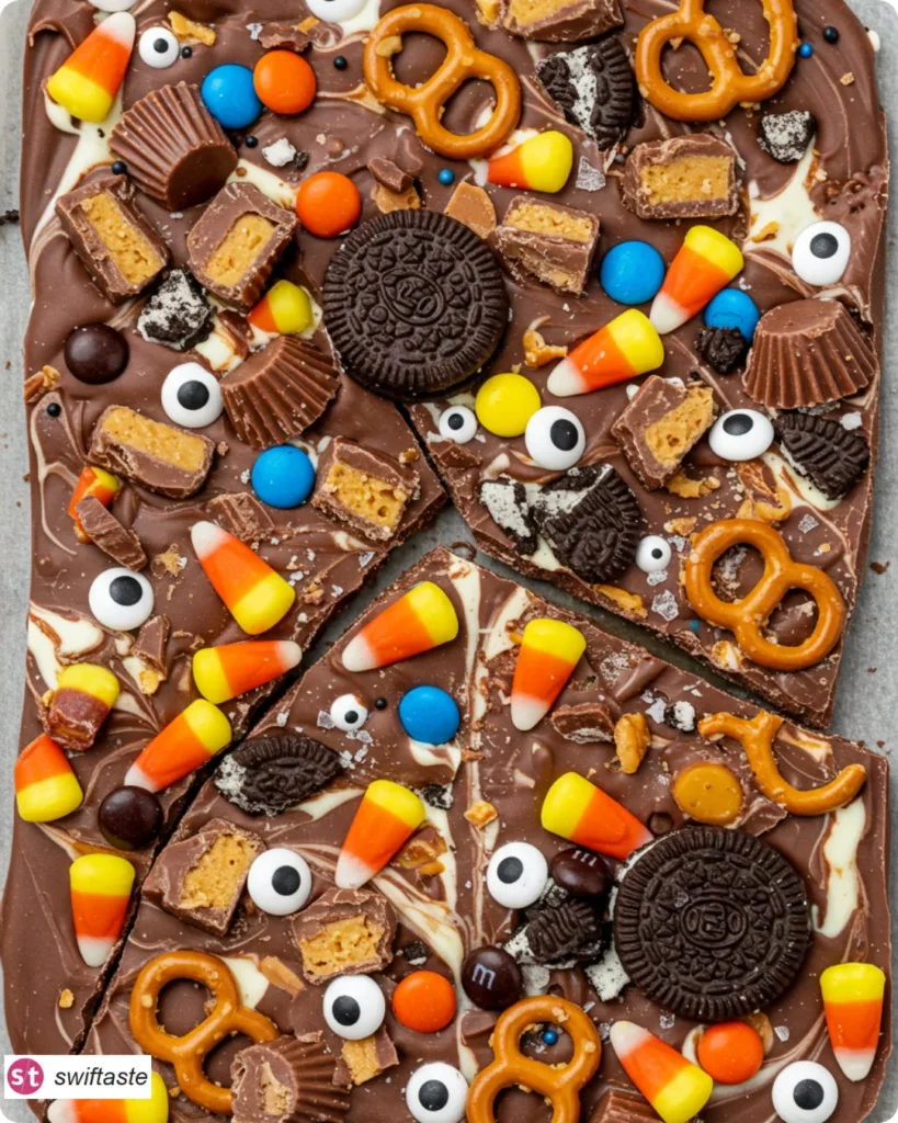 Halloween Bark marbled chocolate with candy and pretzels