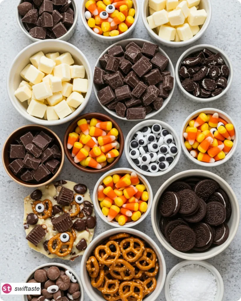 Halloween Bark ingredients chocolate candies pretzels cookies
