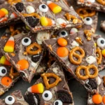 Halloween Bark shards with marbled chocolate and candies