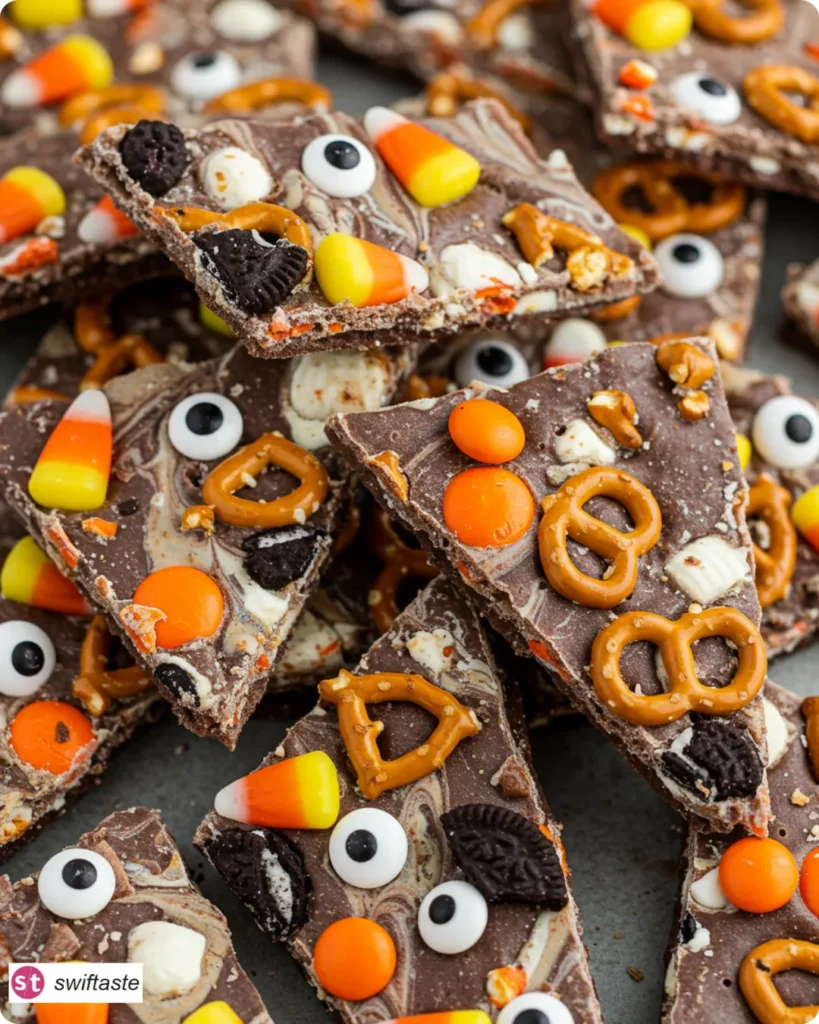 Halloween Bark shards with marbled chocolate and candies