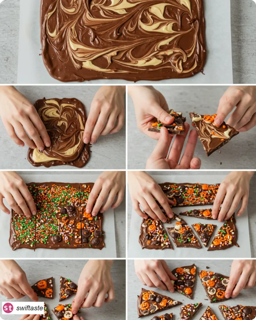 Halloween Bark process melting spreading swirling topping snapping