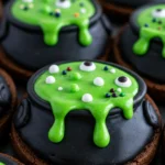 Halloween Cauldron Cookie with neon-green potion and candy eyes