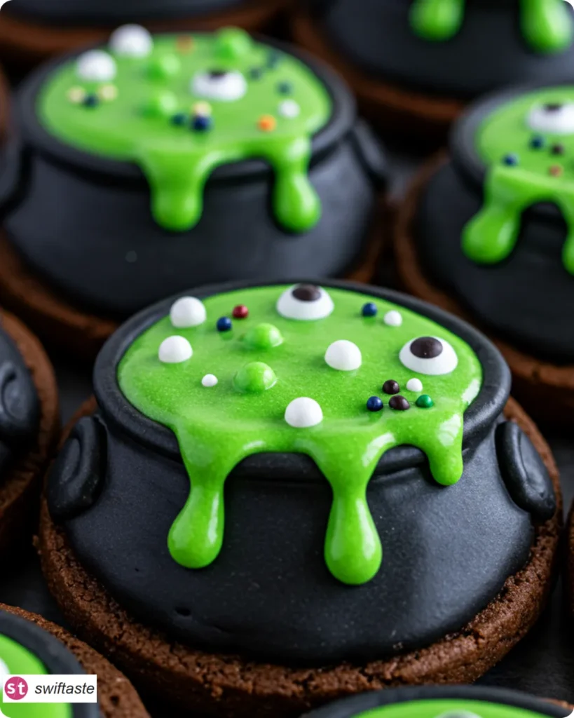 Halloween Cauldron Cookie with neon-green potion and candy eyes