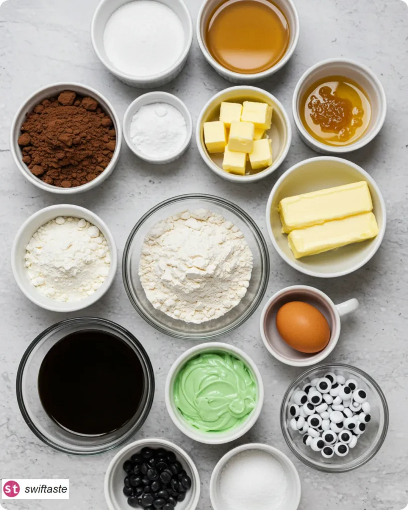 Ingredients for Halloween Cauldron Cookie with cocoa dough and green icing