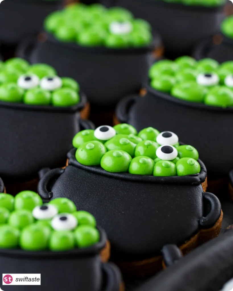 Halloween Cauldron Cookies with neon potion and candy eyes on a platter