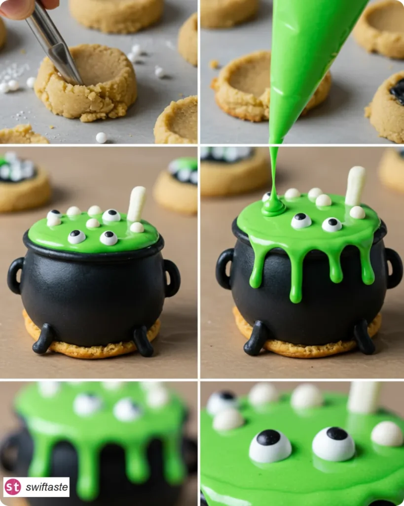 Steps to decorate Halloween Cauldron Cookie with black and green icing