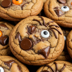 Halloween Chocolate Chip Cookies with candy eyes and spider legs