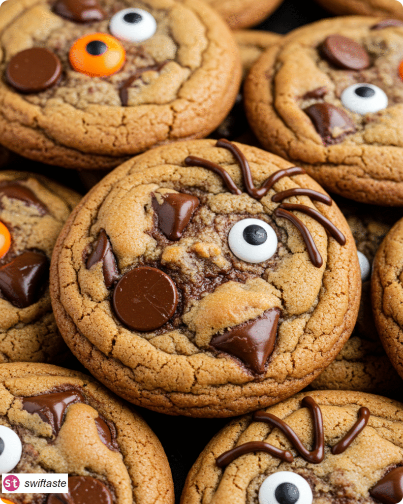 Halloween Chocolate Chip Cookies with candy eyes and spider legs