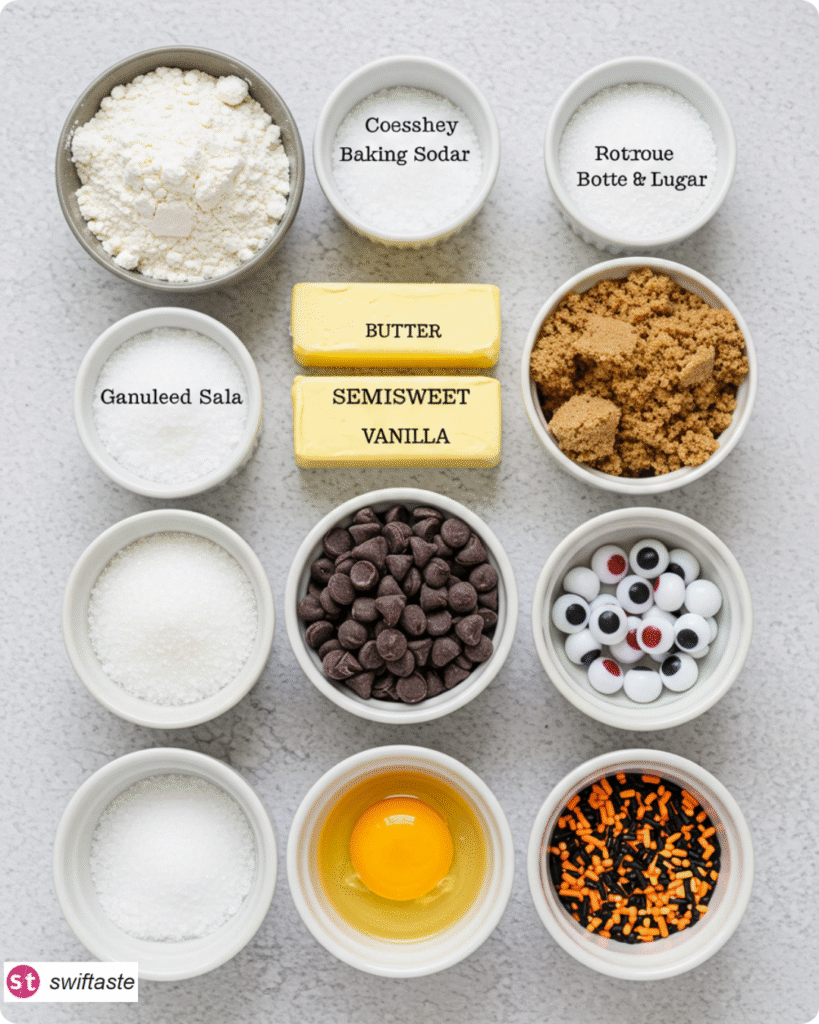 Ingredients for Halloween Chocolate Chip Cookies with festive mix-ins