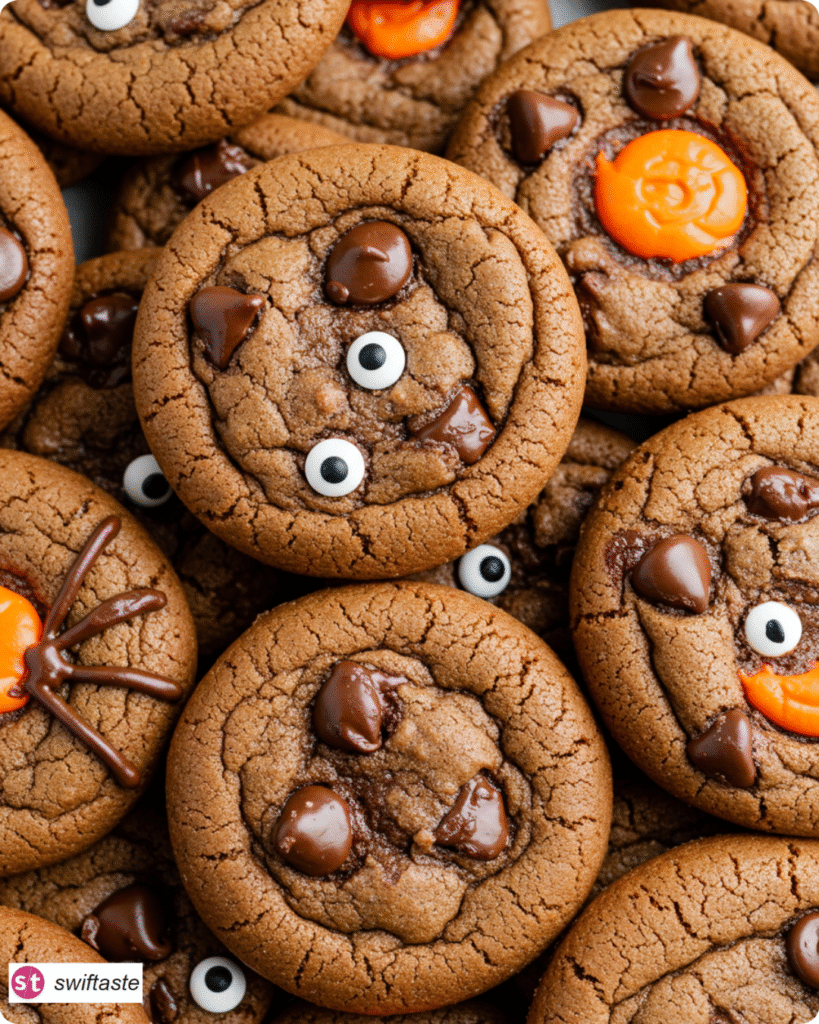 Halloween Chocolate Chip Cookies piled with melty chips and candy eyes