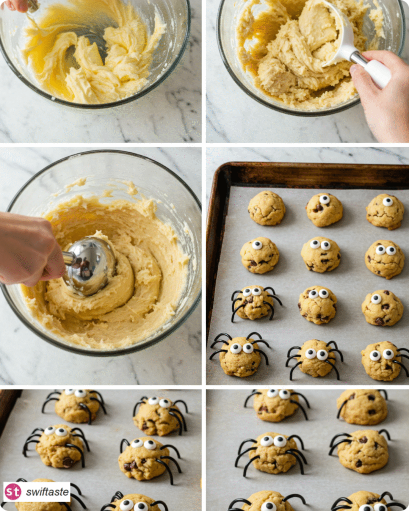 Steps for Halloween Chocolate Chip Cookies from mixing to decorating