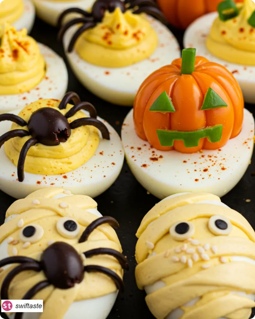 Halloween Deviled Eggs with spiders, pumpkins, and mummies