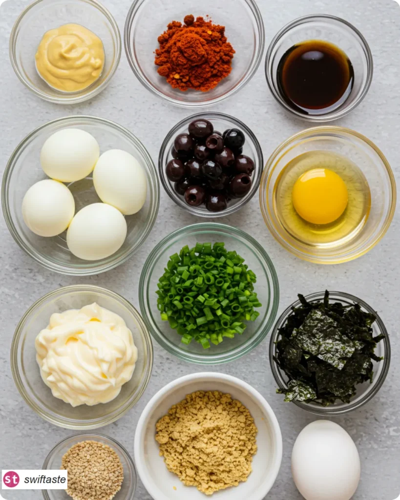 Ingredients for Halloween Deviled Eggs including olives, chives, and nori