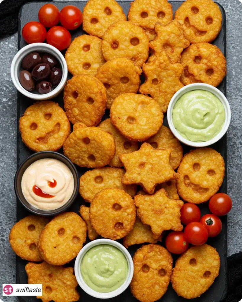 Halloween Hash Browns serving platter with dips and spooky shapes