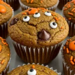 Halloween Muffins with pumpkin, chocolate chips, and orange sprinkles