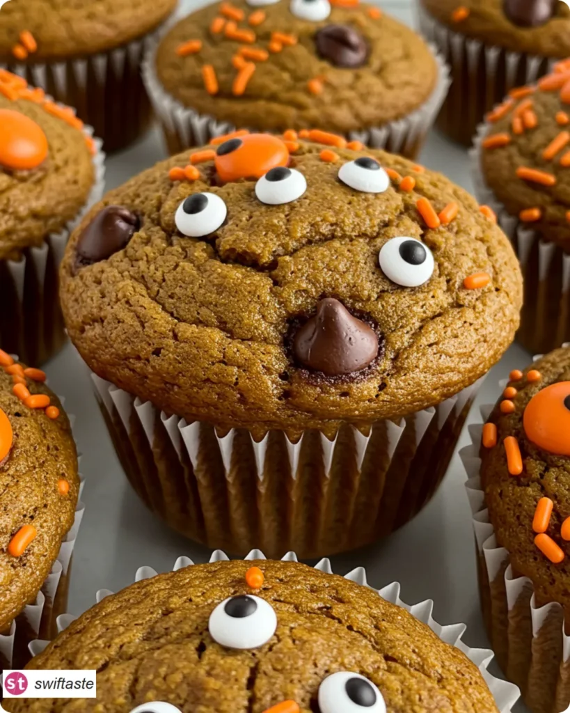 Halloween Muffins with pumpkin, chocolate chips, and orange sprinkles
