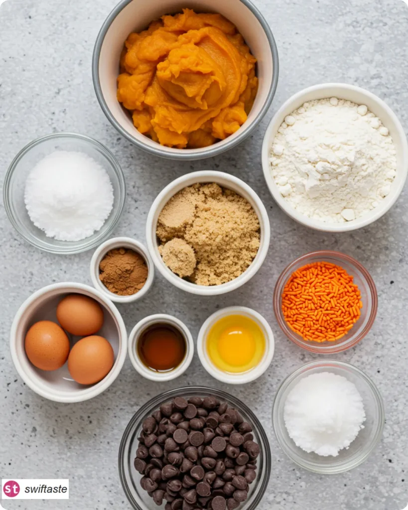 Ingredients for Halloween Muffins with pumpkin, spices, and chocolate chips