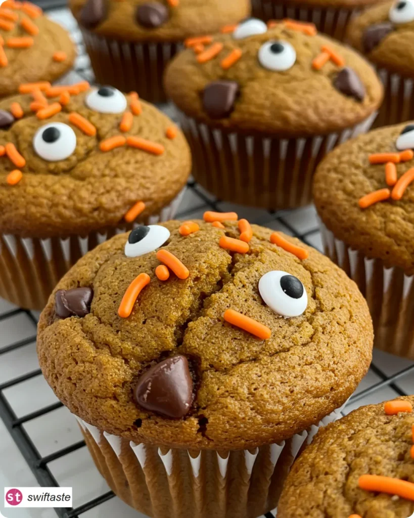 Halved Halloween Muffin with moist pumpkin crumb and sprinkles