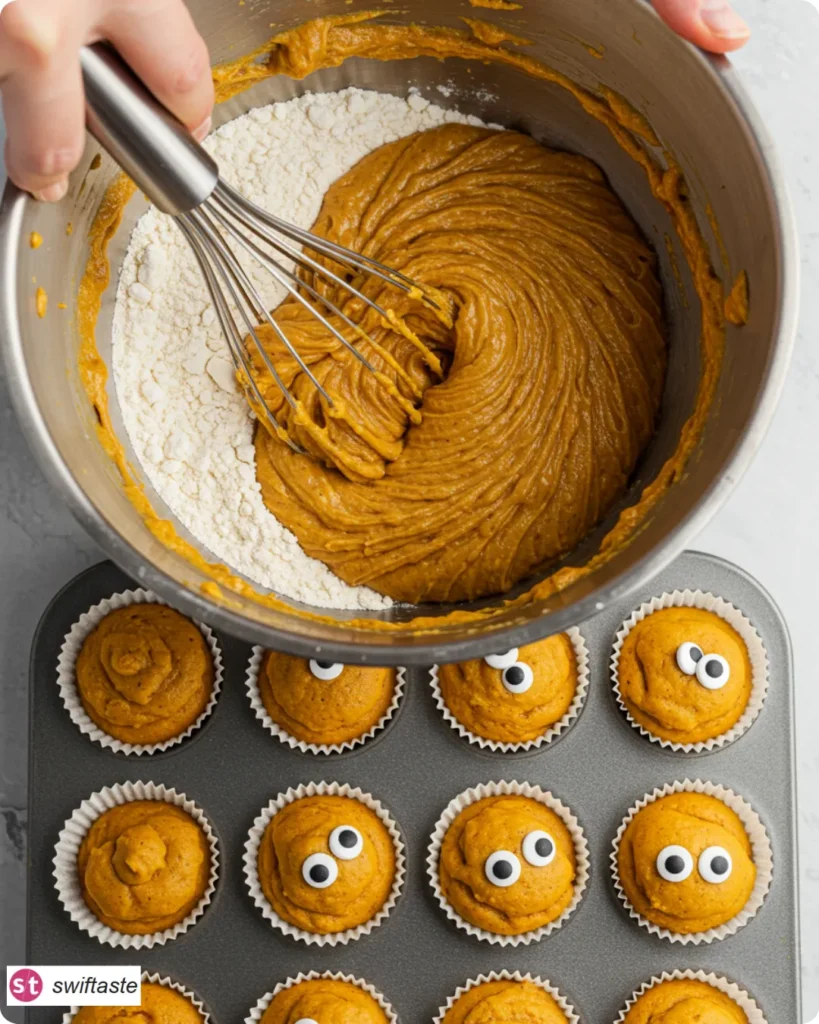 Step-by-step Halloween Muffins batter mixing and baking