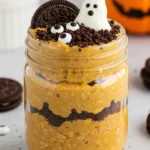 Halloween Overnight Oats with yogurt ghost and cookie dirt
