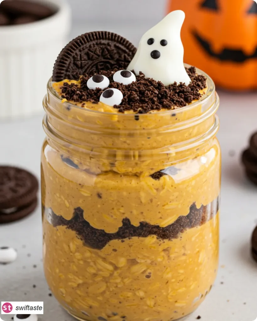 Halloween Overnight Oats with yogurt ghost and cookie dirt