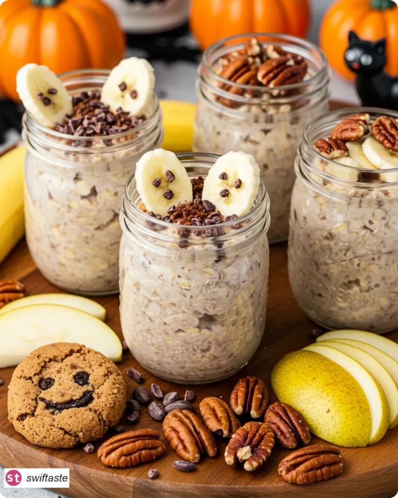Serving board with Halloween Overnight Oats and toppings