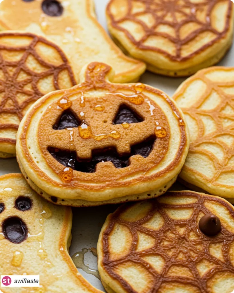 Halloween Pancakes with cocoa outlines and spooky shapes