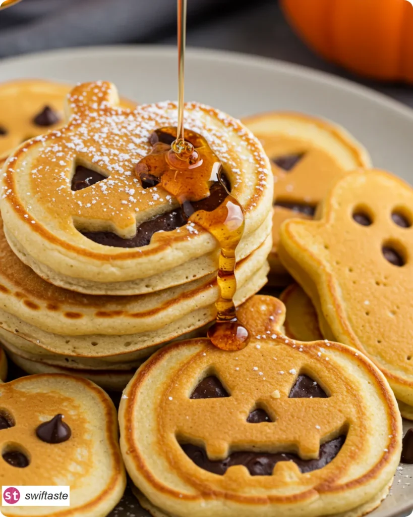 Halloween Pancakes pumpkin and ghost shapes with syrup