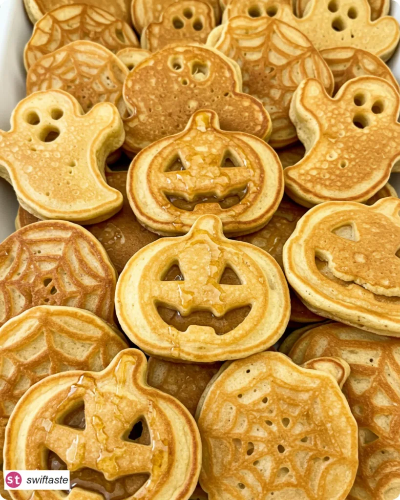 Platter of Halloween Pancakes with spooky shapes