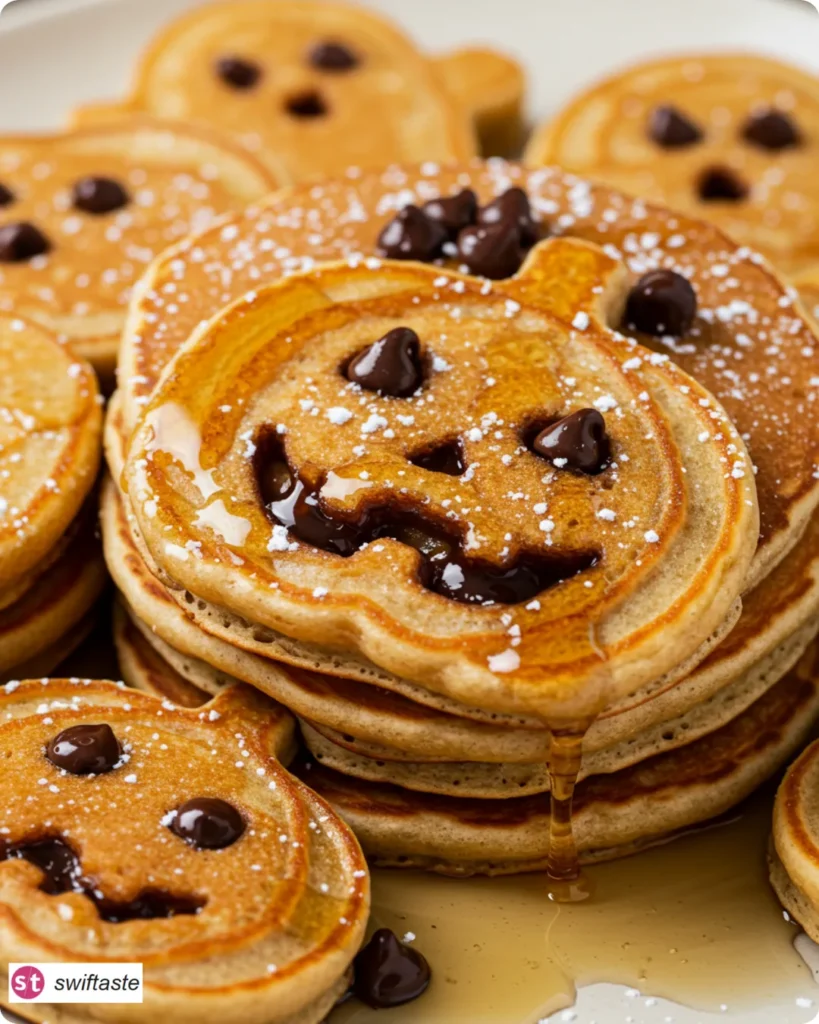 Halloween Pancakes served with syrup and sugar dusting
