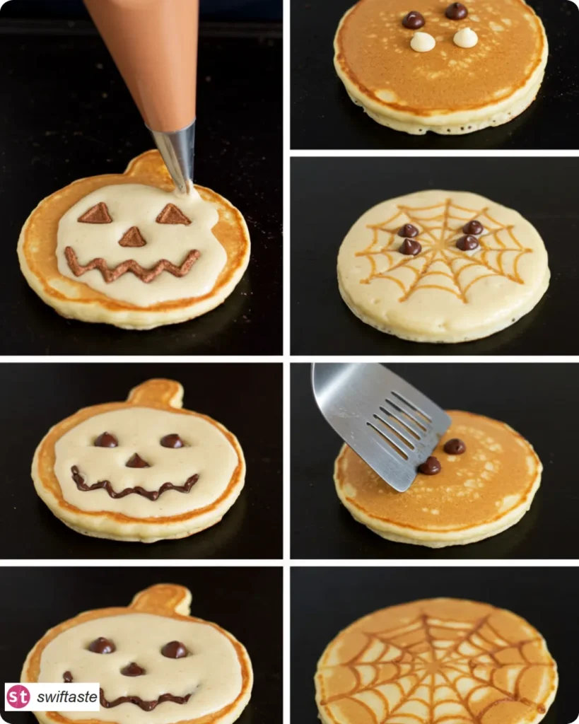 Step-by-step Halloween Pancakes with outlines, filling, and flip