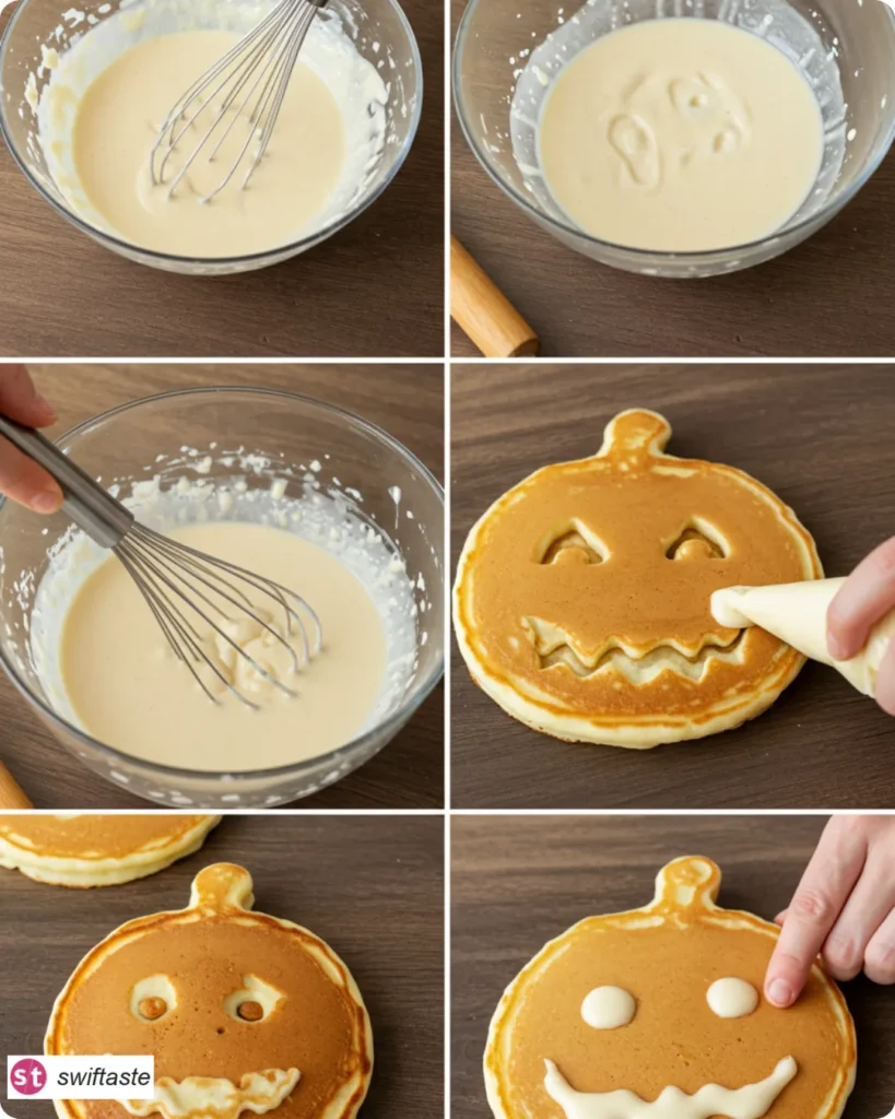 Halloween Pancakes step-by-step shapes and flipping
