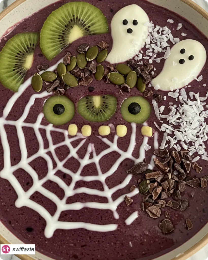 Halloween Smoothie Bowl with yogurt spider web and kiwi eyes